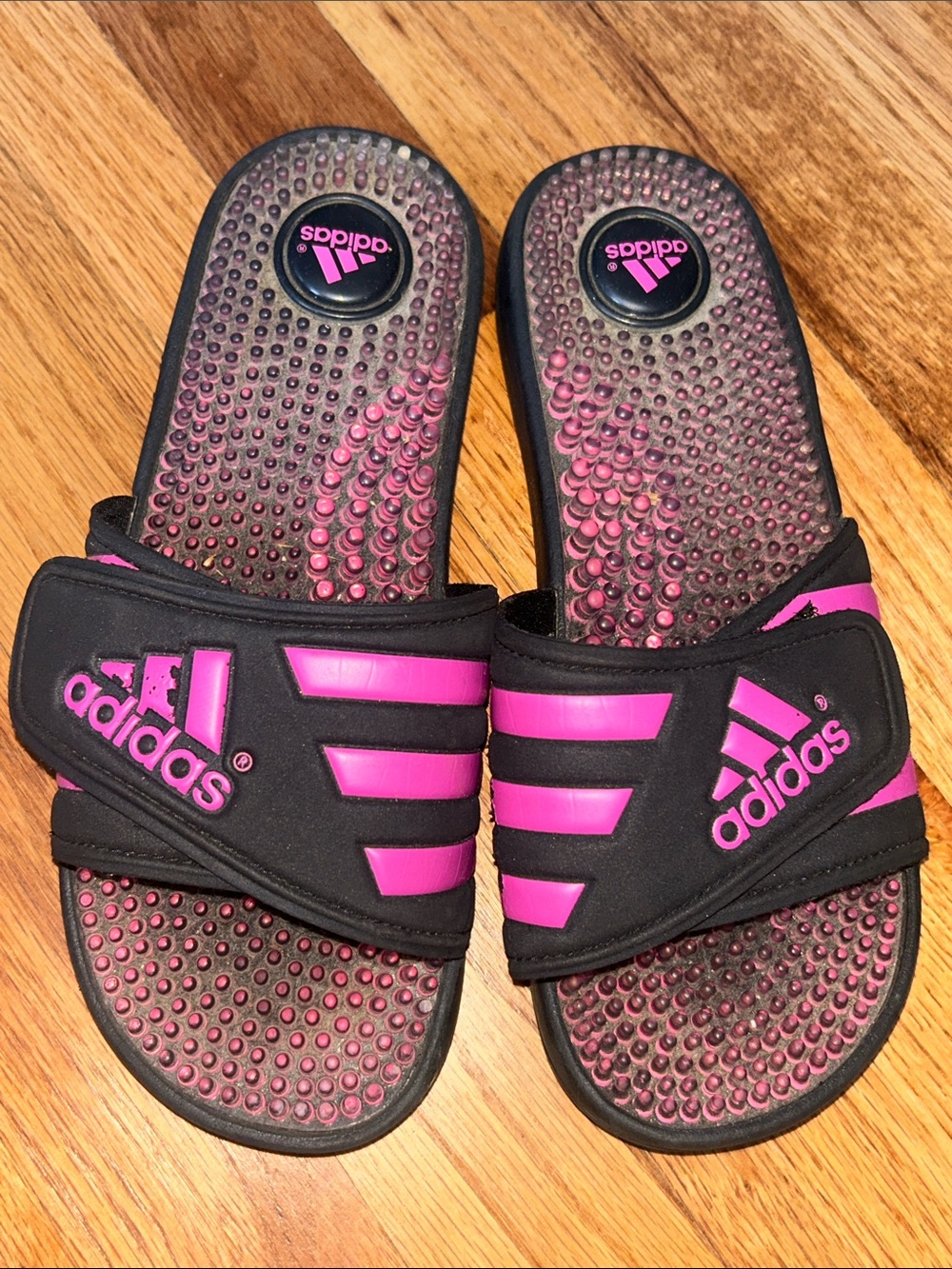 adidas Black and Pink Slide Sandals with Massage Footbed size 6 W